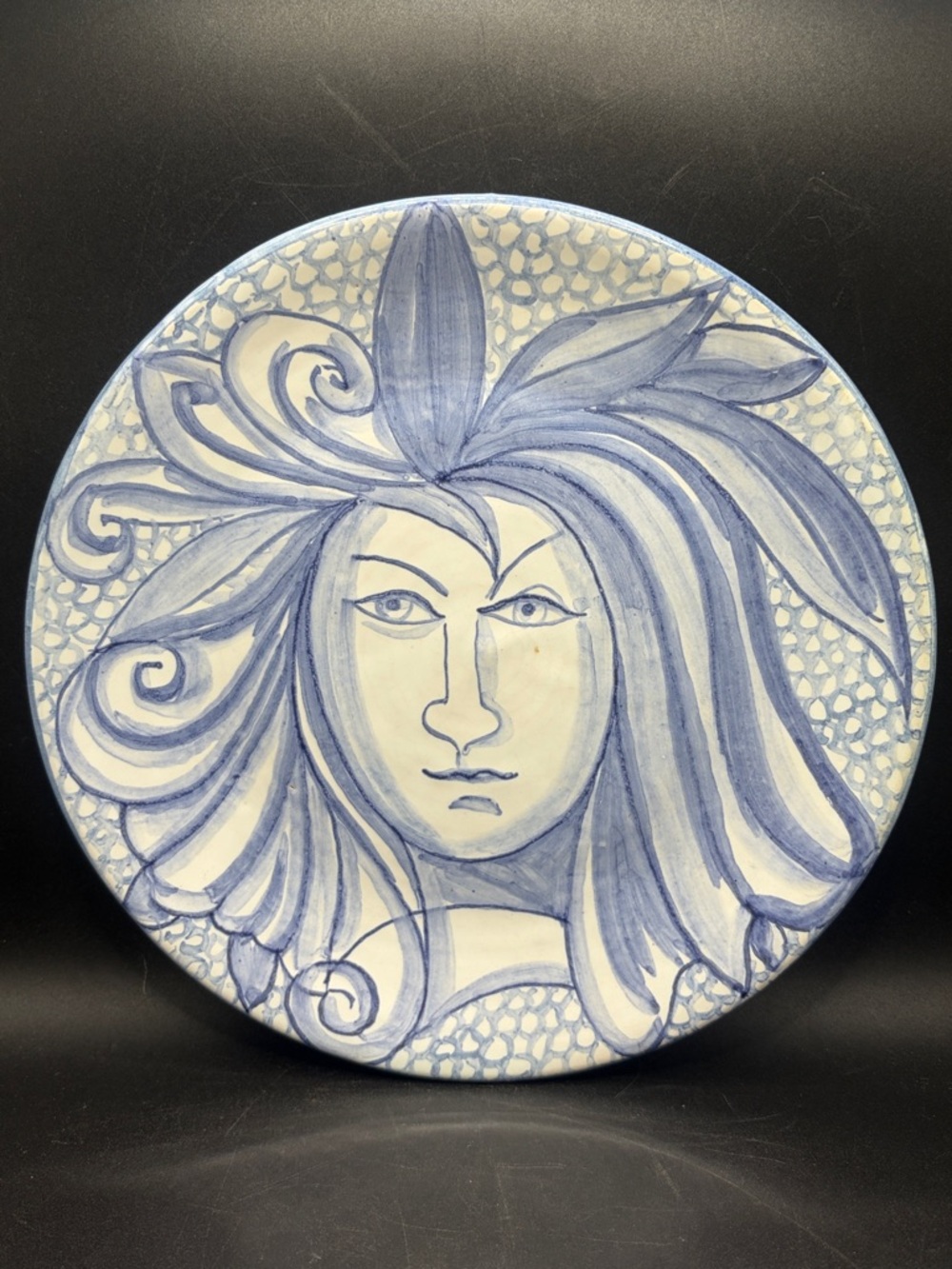 Vintage Signed Hand Painted Female Figure Blue & White Portuguese Pottery Plate
